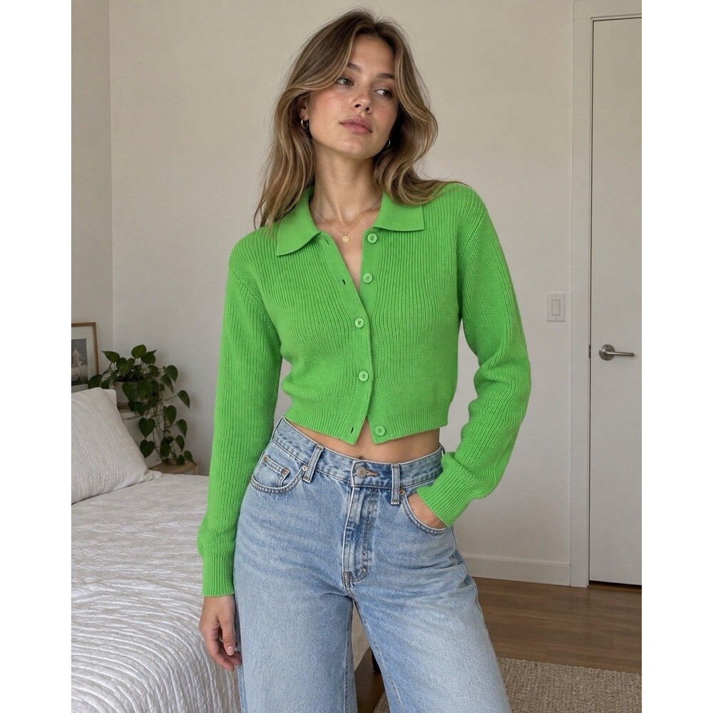 Wilfred Aritzia Merino Wool Cotton Cropped Cardigan M Bright Green Collared Knit